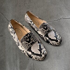 TOD’S Black & White Snakeskin Leather Loafers